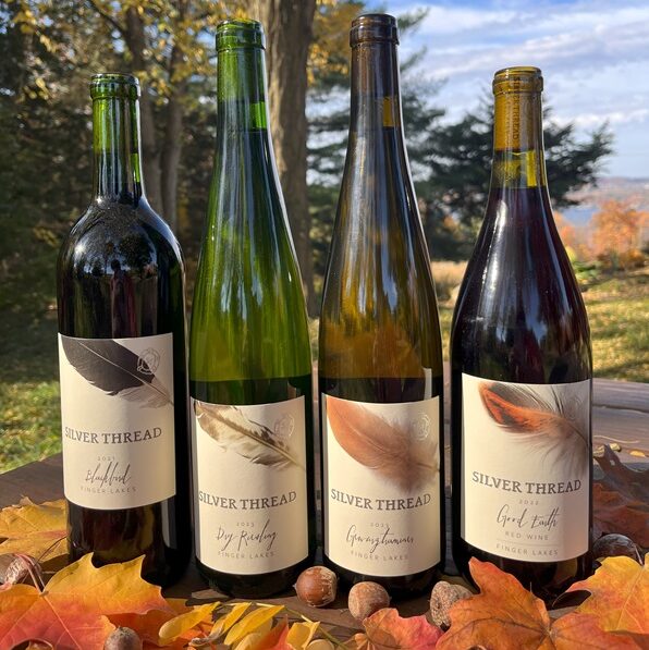 Four bottles of wine outside in the fall.