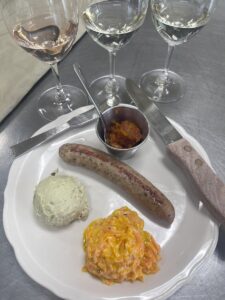 wine and food on a counter